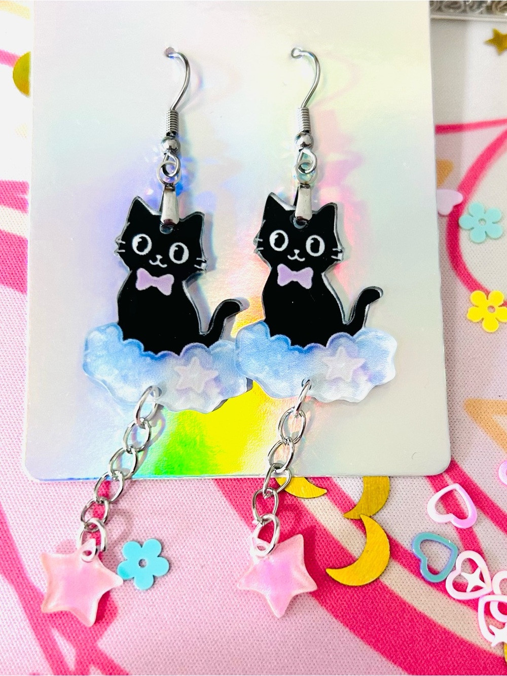 Halloween Cloud Bat Kitty Earrings